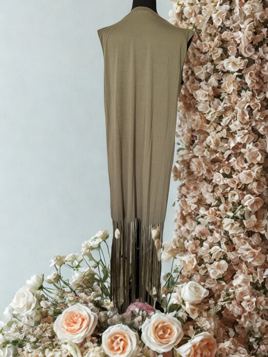 Olive Green T-Shirt Dress - Fringe Hemline - Picture 4 of 4